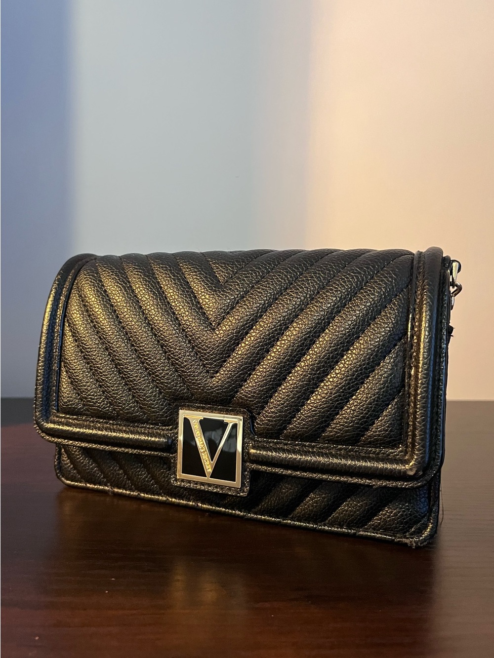 Victorias Secret Black Quilted Leather Crossbody Bag with Accent